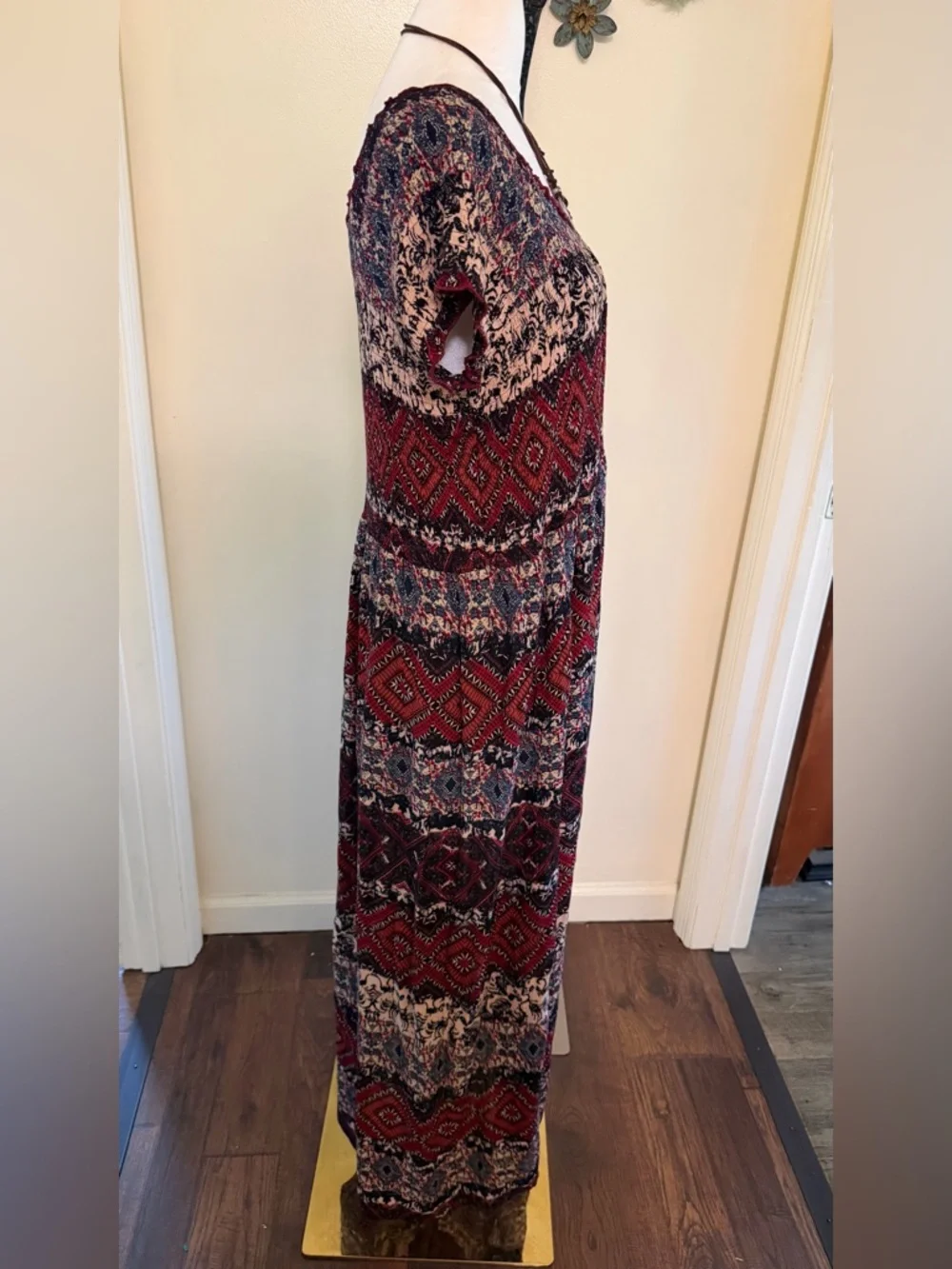 Boho Printed Red Maxi Dress with Short Sleeves - Picture 8 of 10